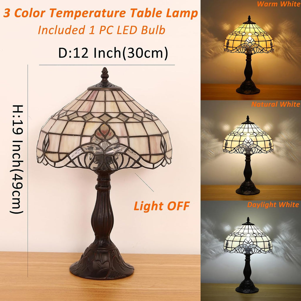 Tiffany Vintage Table Lamp,Pink Baroque Stained Glass Vintage Lamps,Bedside Nightstand Lamps for Bedroom,Living Room,Home Office Desk Lamp,LED 3 Color Temperatures Bulb,12X12X19Inch