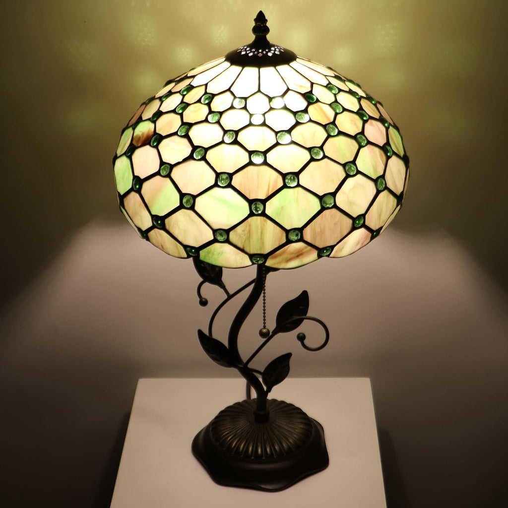Tiffany Lamp Amber Green Pearl Style Stained Glass Table Lamp Desk Bedside Reading Light 12X12X19 Inches with Metal Leaf Base