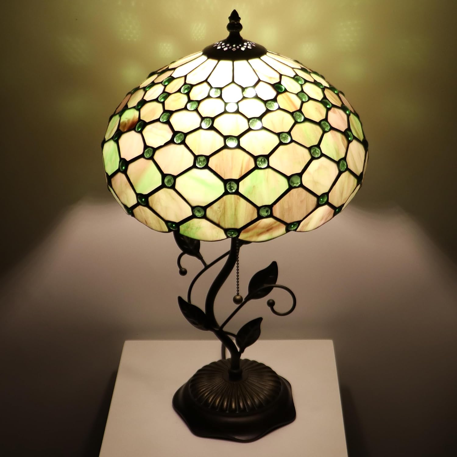 Tiffany Lamp Amber Green Pearl Style Stained Glass Table Lamp Desk Bedside Reading Light 12X12X19 Inches with Metal Leaf Base