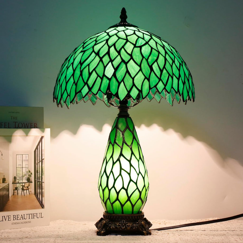 Tiffany Lamp Stained Glass Table Lamp 12X19 Inches Mother Daughter Vase Desk Accent Night Light for Bedroom Bedside Reading Home Antique Style (Green Wisteria)