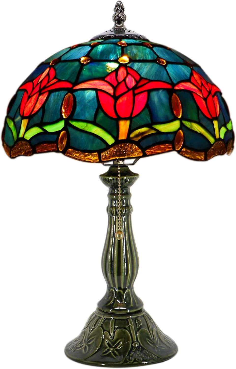 Tiffany Lamp Stained Glass Table Lamps Red Blue Tulips Style Desk Lamp 12X12X18.5 Inch Bronze Ceramic Base Reading Light Suitable for Bedside Bedroom Living Room Dining Room Office