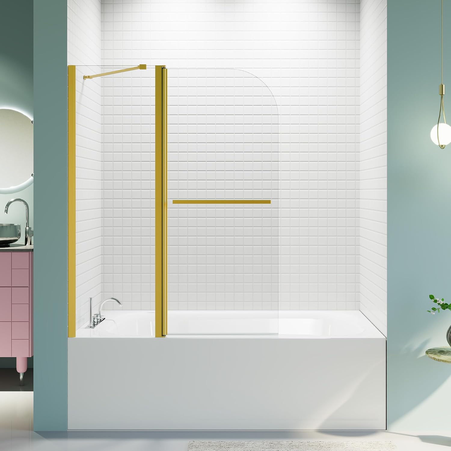 43 × 58 Inch Frameless Shower Door for Bathtub，180 Degree Hinged Pivot, Chrome Finish Bathroom Door，with 1/4' (6mm) SGCC Tempered Glass, Handle and Seal Strip for Waterproof (Gold, 43 × 58 Inch)