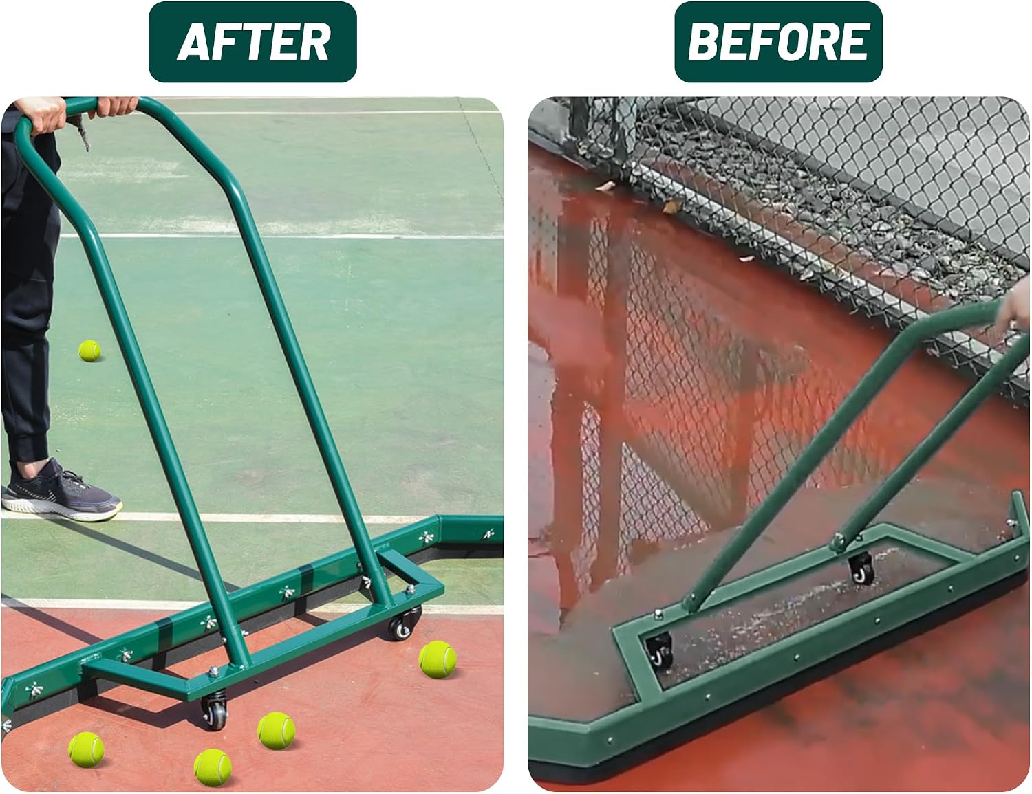 AIWFL 4.3FT Aluminium Alloy Sport Tennis Court Squeegee with Wheels, Tennis Court Rain Shuttle with Additional 2 EVA Foam Blade, Professional Squeegees Floor Water Remover Squeegee Broom, Green