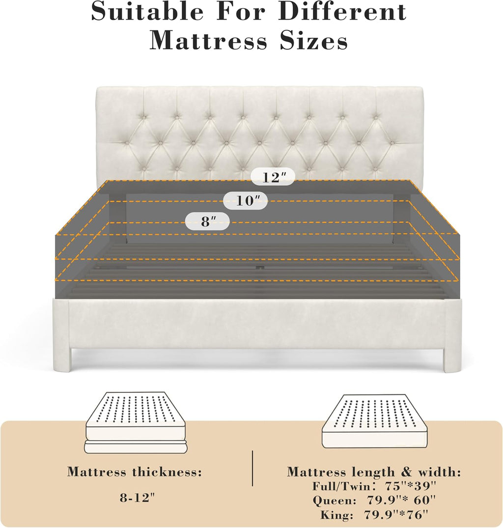 Vipbear Full Bed Frame with Button Tufted Headboard, Velvet Fabric Upholstered Platform Bed, Wooden Slats Support, Adjustable Headboard, Noise Free, Easy Assembly, No Box Spring Needed, Beige