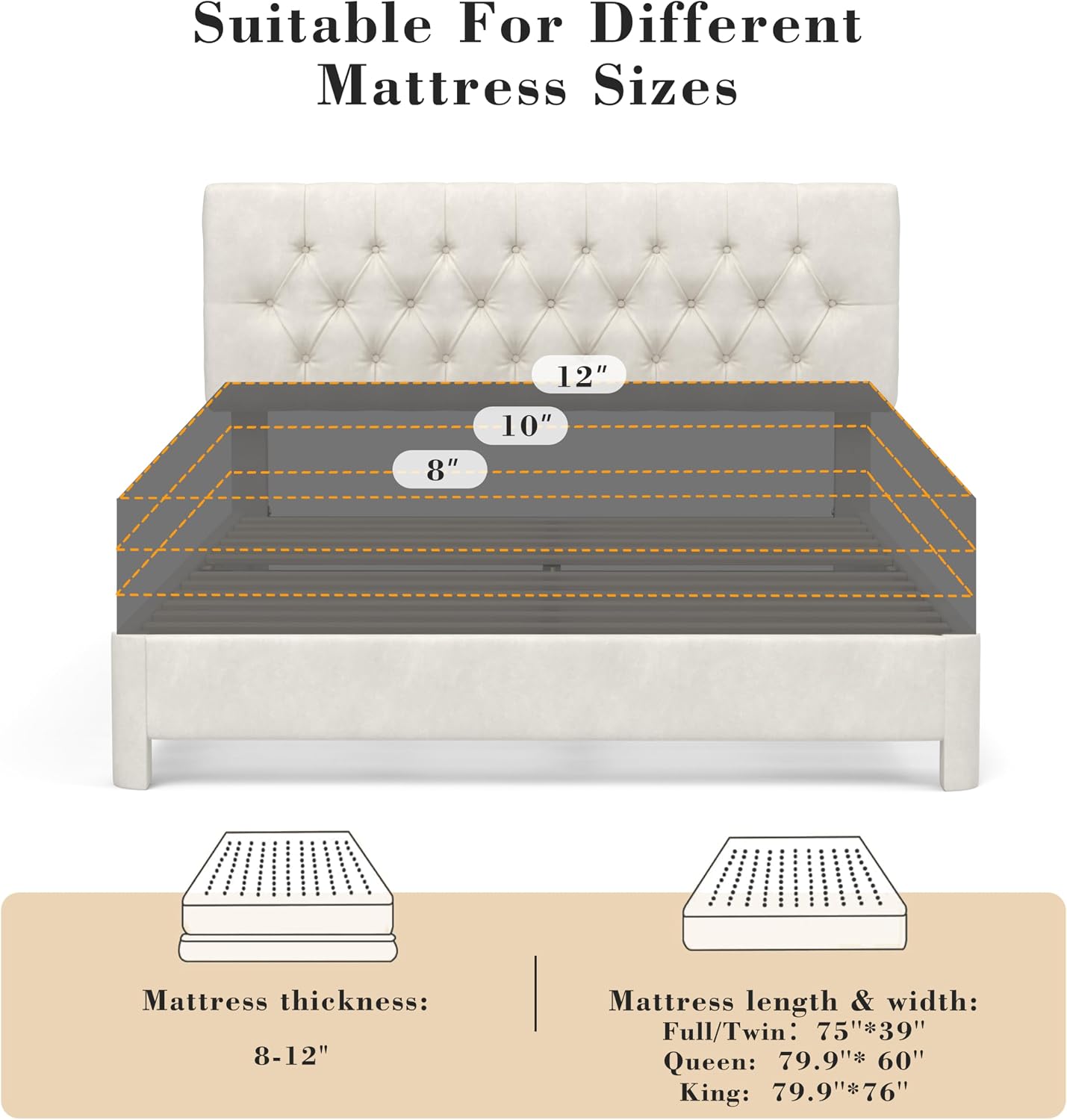 Vipbear Full Bed Frame with Button Tufted Headboard, Velvet Fabric Upholstered Platform Bed, Wooden Slats Support, Adjustable Headboard, Noise Free, Easy Assembly, No Box Spring Needed, Beige