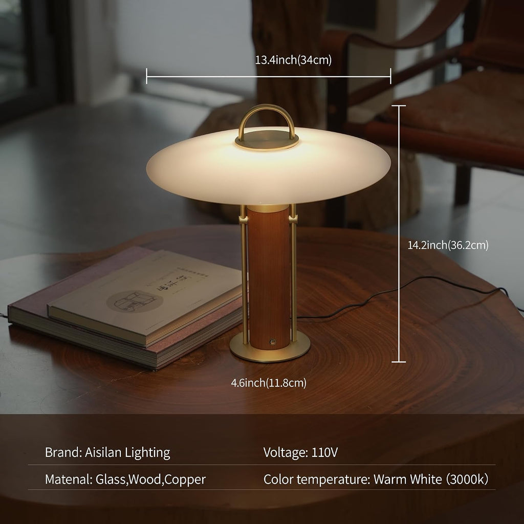 Aisilan 12W LED Gold Desk Lamp, Plug-in Touch Dimmable Bedside Light with Pure Brass, Frosted Glass & White Ash Wood, Mid-Century Modern Design
