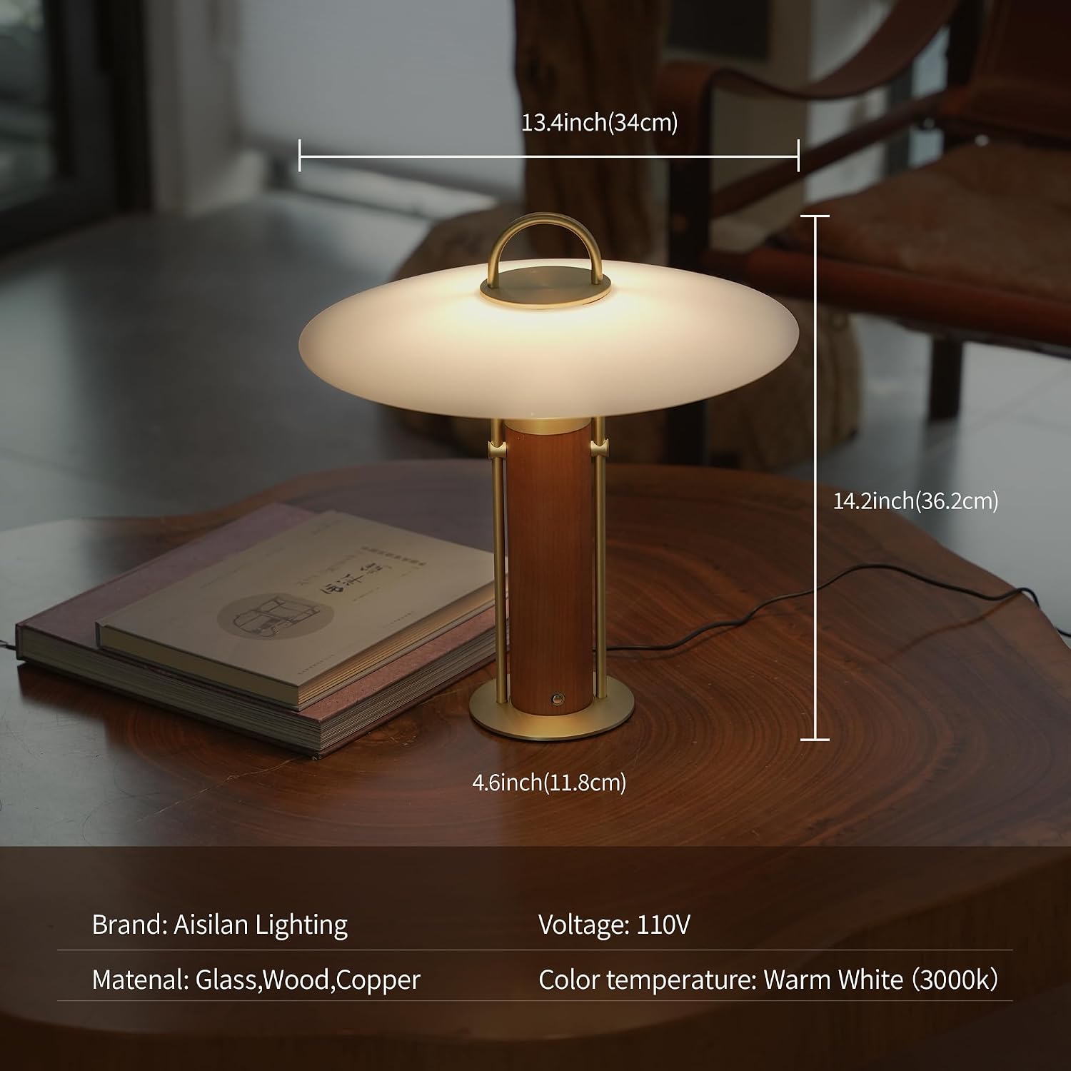 Aisilan 12W LED Gold Desk Lamp, Plug-in Touch Dimmable Bedside Light with Pure Brass, Frosted Glass & White Ash Wood, Mid-Century Modern Design