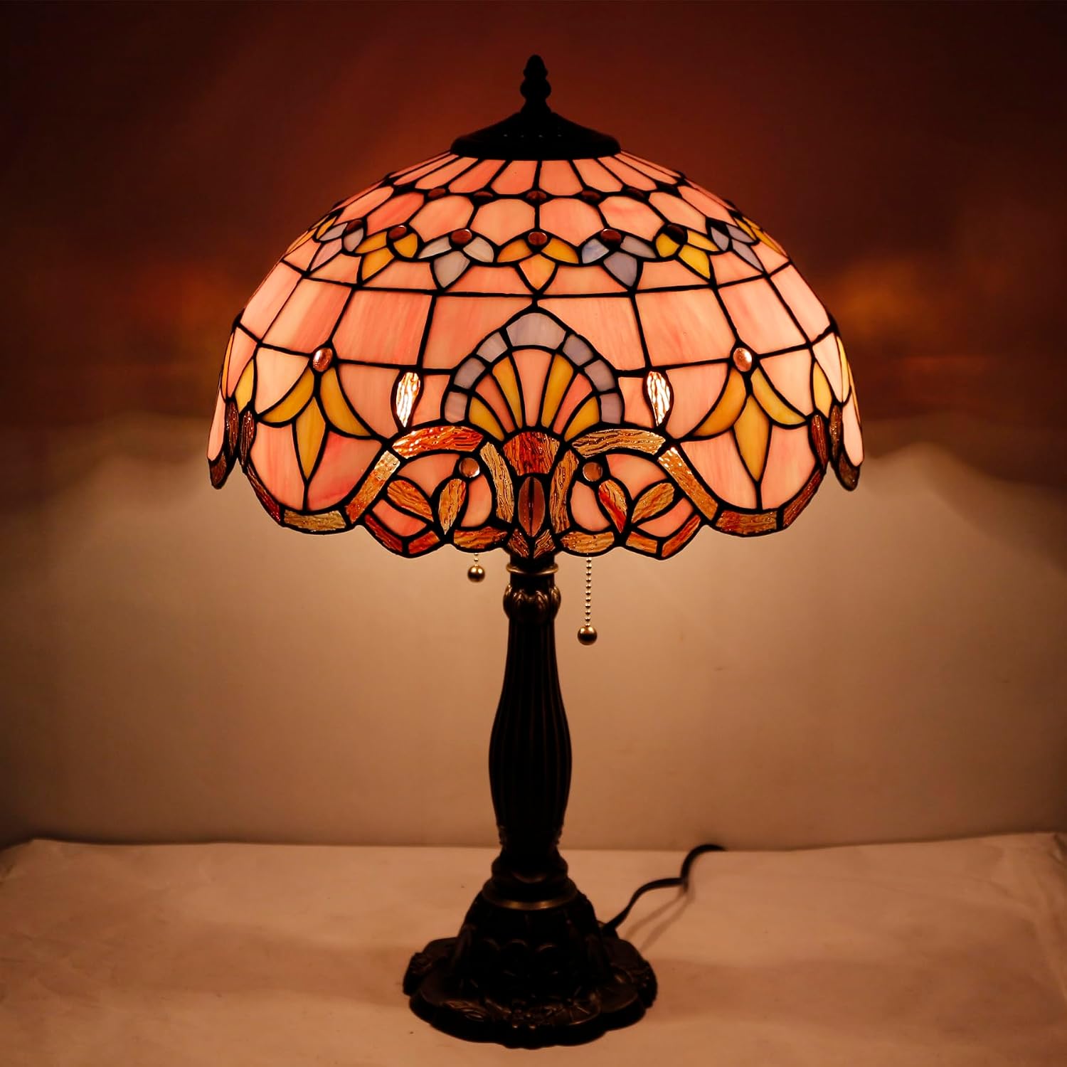 WERFACTORY Tiffany Lamp Pink Stained Glass Baroque Bedside Table Lamp Style Desk Light 16X16X24 Inches Decor Bedroom Living Room Home Office S003P Series