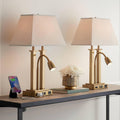 Possini Euro Design Deacon 26' High Traditional Desk Lamps Set of 2 USB Port AC Power Outlet Gooseneck Gold Brass Finish Metal Oatmeal Shade Home Office Living Room Charging Bedroom Bedside