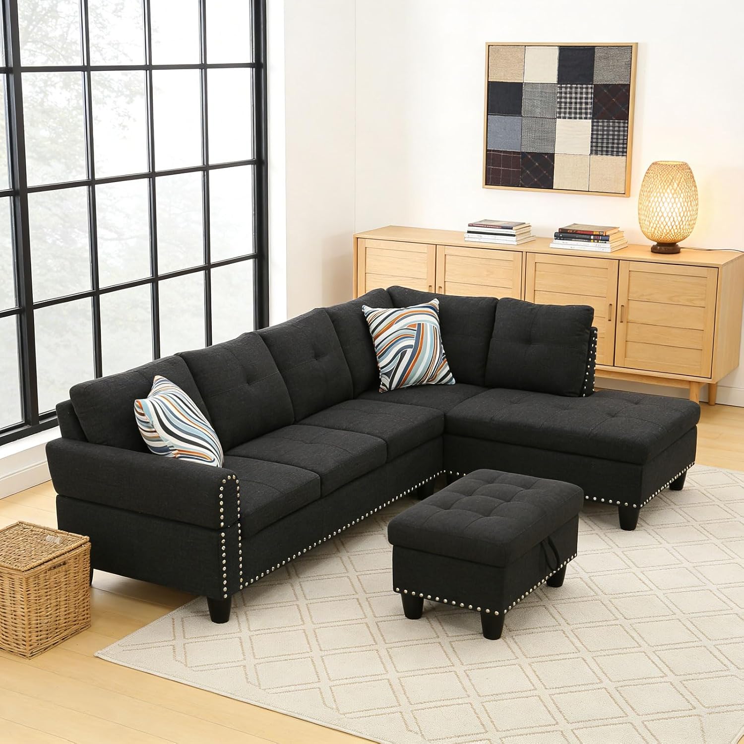 Dark Gray Sectional Sofa Couch with Storage Ottoman and Cup Holder Tray, Linen Fabric L-Shaped Couch with Silver Rivets, Reversible Chaise Lounge Set with Flip-Top Storage (S+C+O)