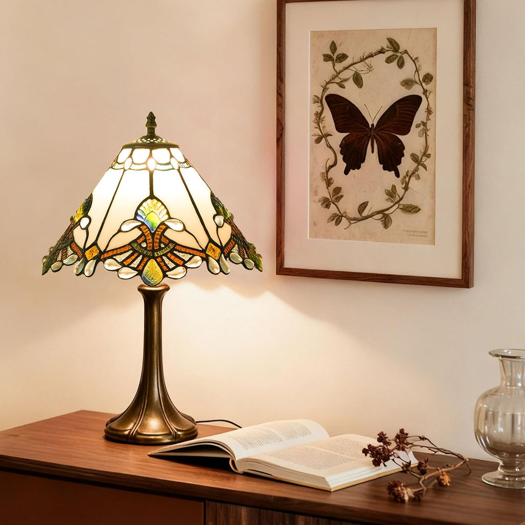 12 Inch Baroque Style Tiffany Table Lamp, Vintage Stained Glass Desk Lamp with Remote Control, 3 Color Temperature & Brightness Level for Office Home Bedroom Living (White)