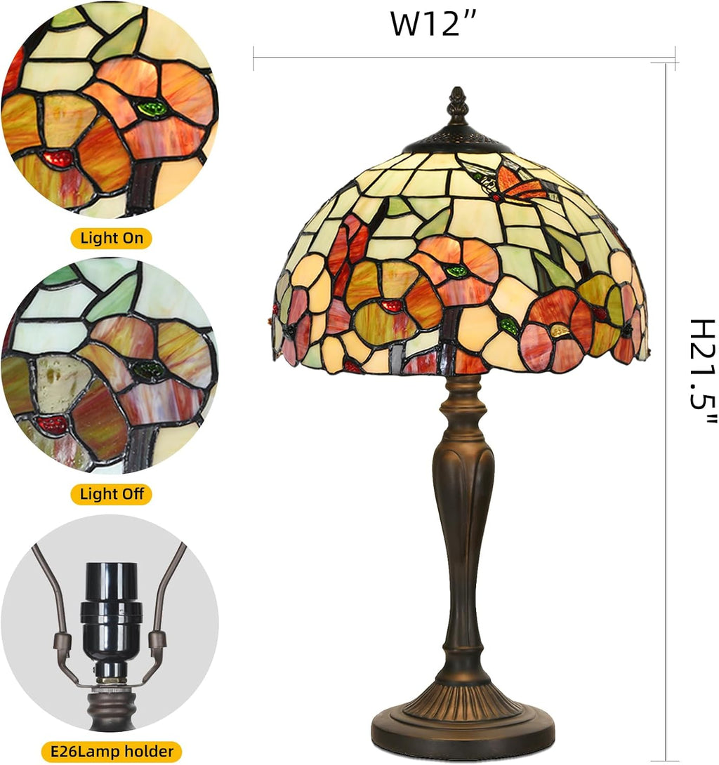 TL0002 Tiffany Style Table Lamp 21.5' High Blossoming Antique Stained Glass Lamp for Living Room Bedroom Bedside Nightstand Home Office, LED Bulb Included