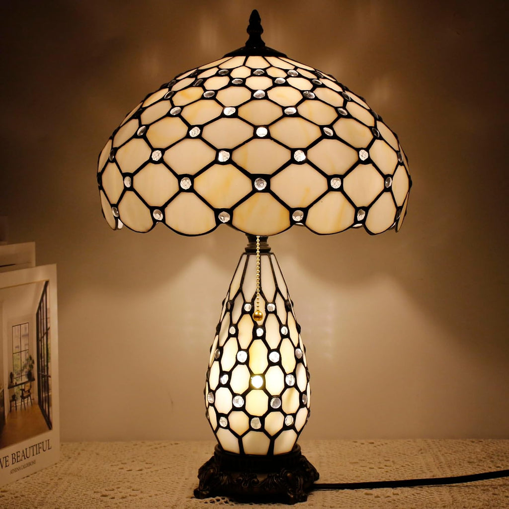 Tiffany Lamp Stained Glass Table Lamp 12X19 Inches Mother Daughter Vase Desk Accent Night Light for Bedroom Bedside Reading Home Antique Style (White Yellow)