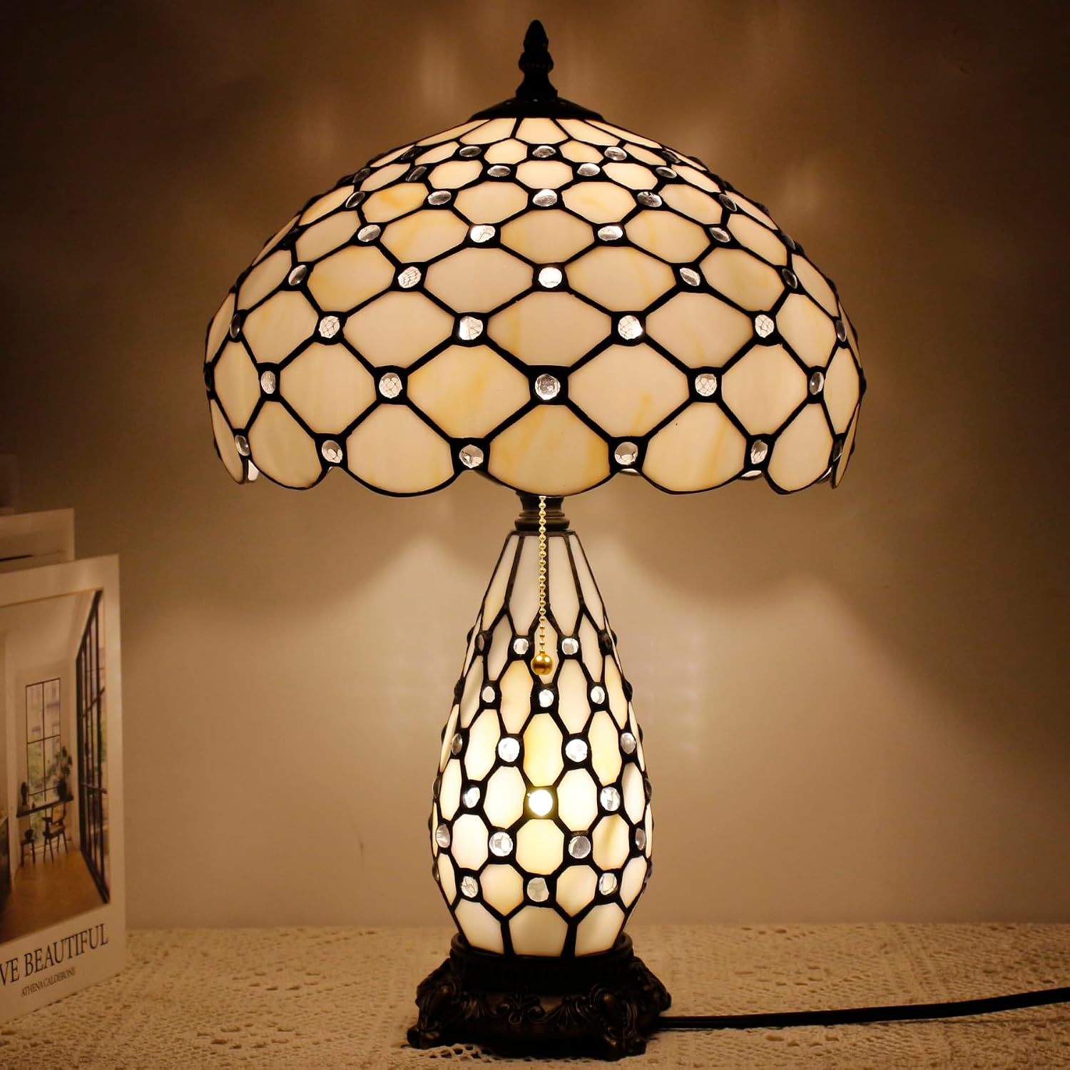 Tiffany Lamp Stained Glass Table Lamp 12X19 Inches Mother Daughter Vase Desk Accent Night Light for Bedroom Bedside Reading Home Antique Style (White Yellow)