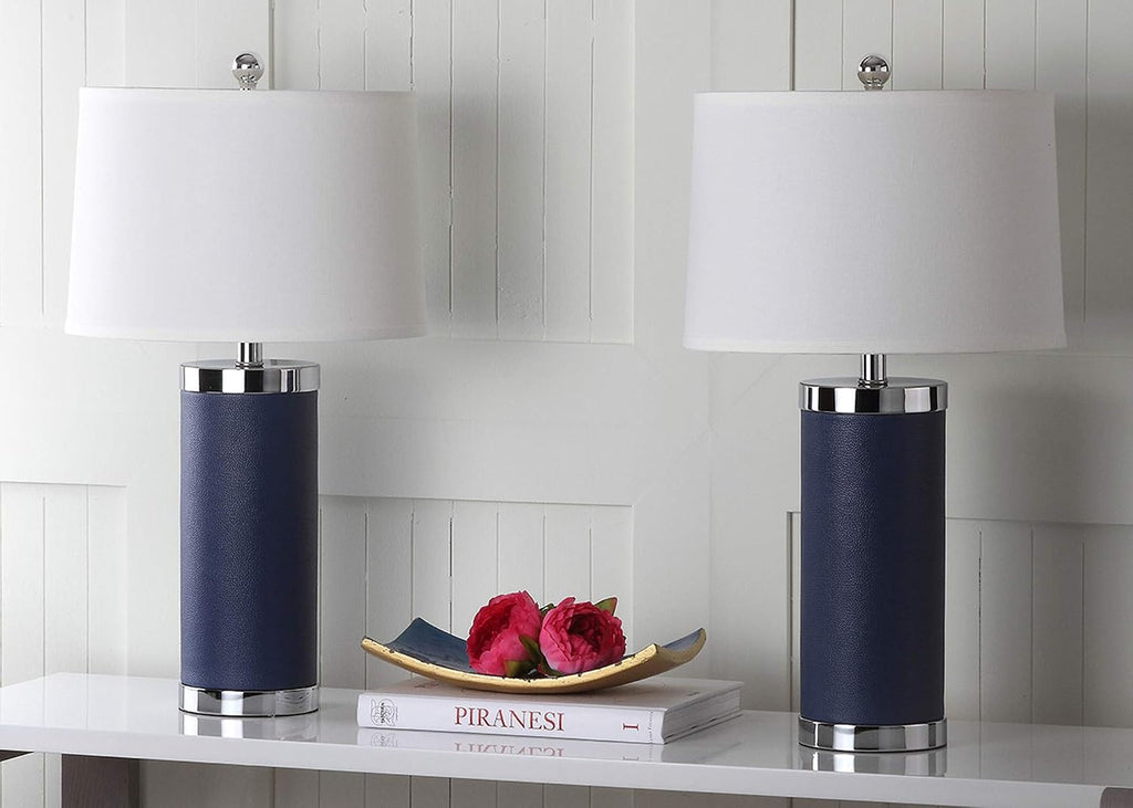Safavieh Lighting Collection Leather Column Navy Table Lamp, Set of 2