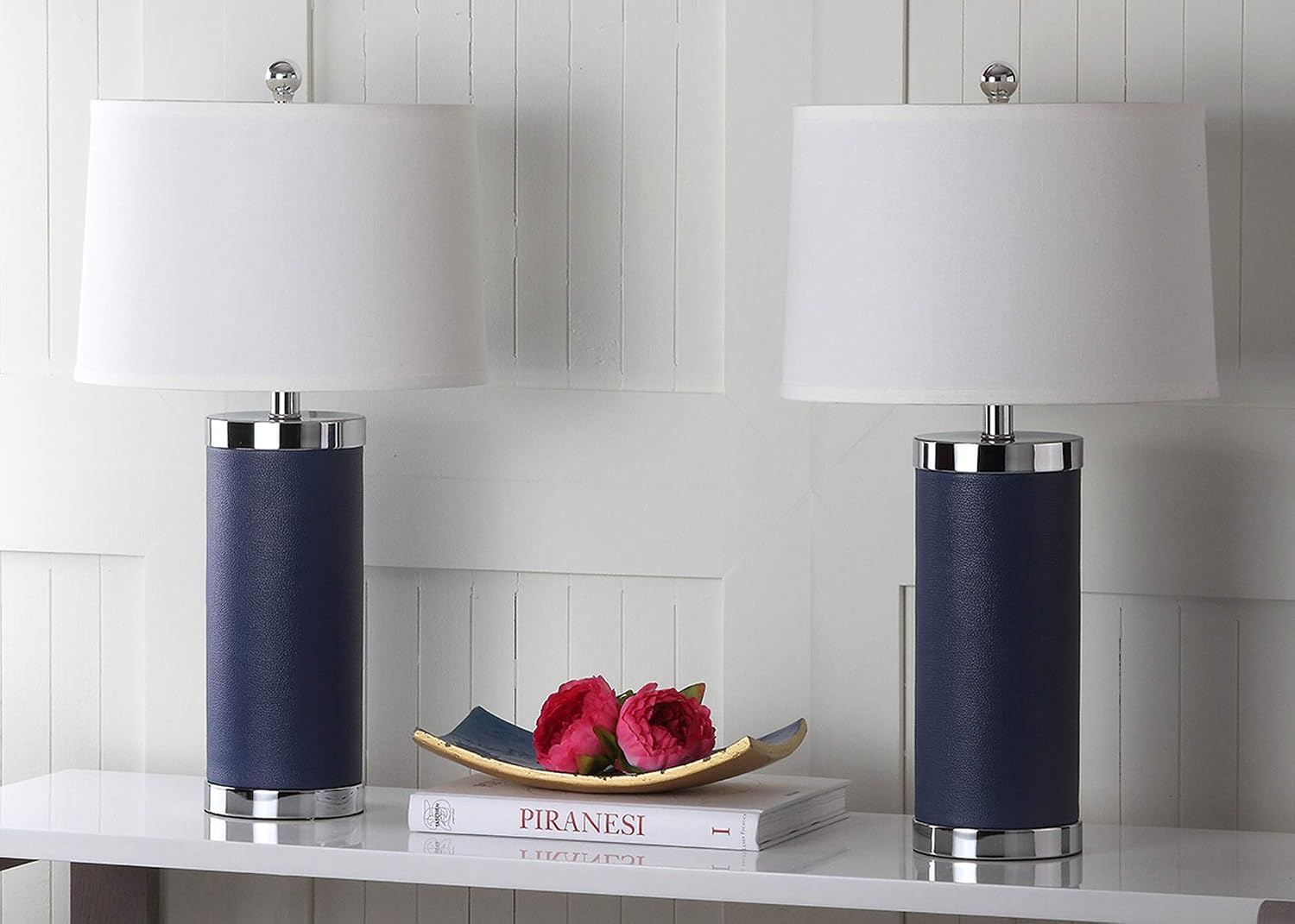 Safavieh Lighting Collection Leather Column Navy Table Lamp, Set of 2