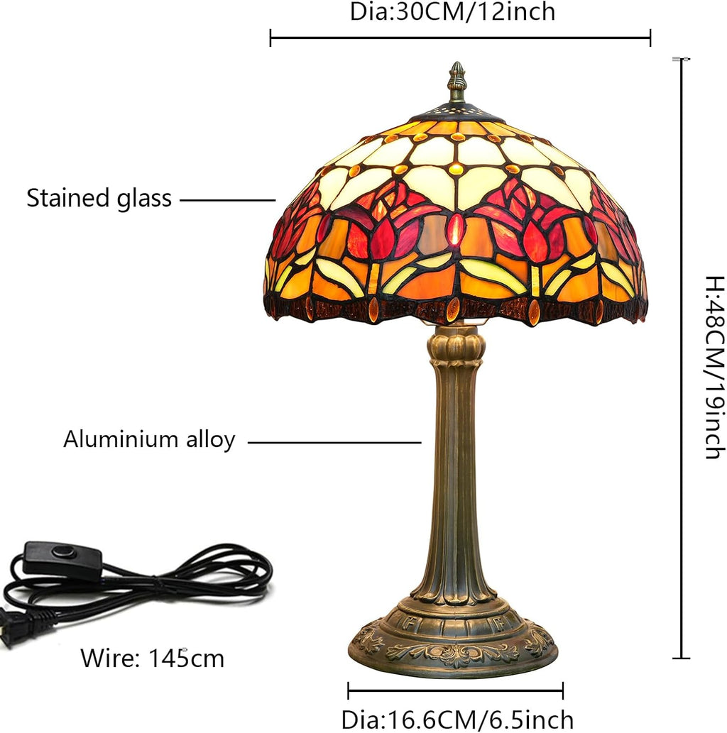 Red Tulip Tiffany Style Stained Glass Table Lamp Bed Room Bedside Reading Desk Light for Living Office Dormitory Bar Retro Unique Cute Accent Decor Cottage 12' Village Gift Nightstand Lamps