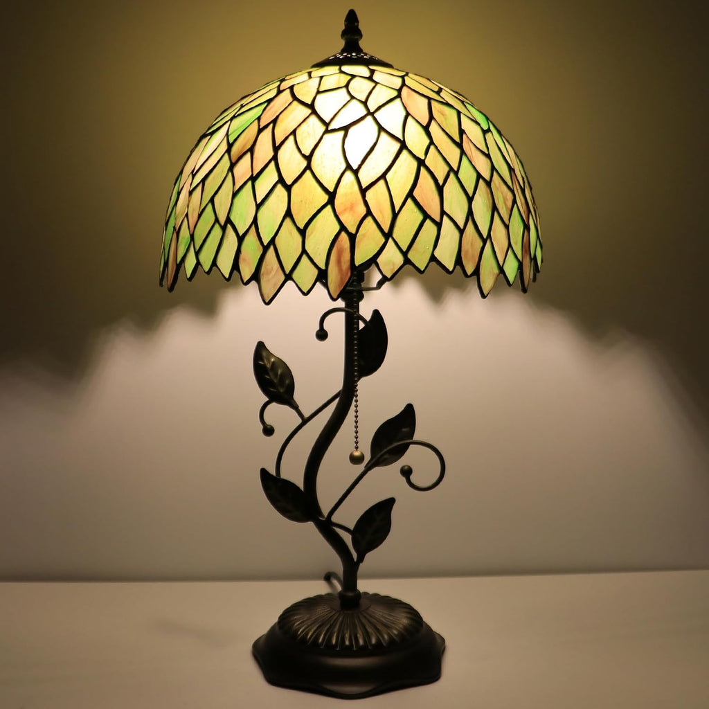 Tiffany Lamp Brownish Green Leafage Style Stained Glass Table Lamp Desk Bedside Reading Light 12X12X19 Inches with Metal Leaf Base