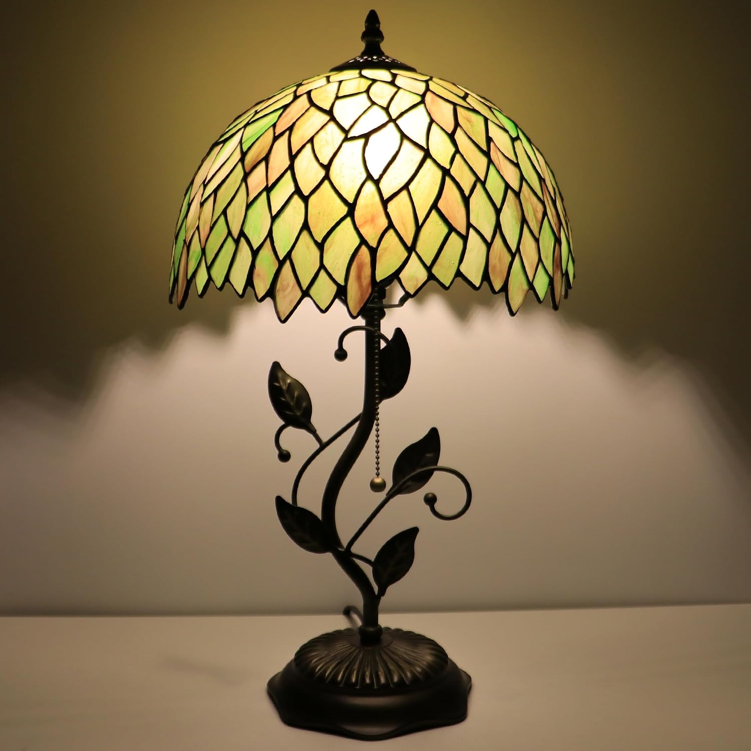 Tiffany Lamp Brownish Green Leafage Style Stained Glass Table Lamp Desk Bedside Reading Light 12X12X19 Inches with Metal Leaf Base