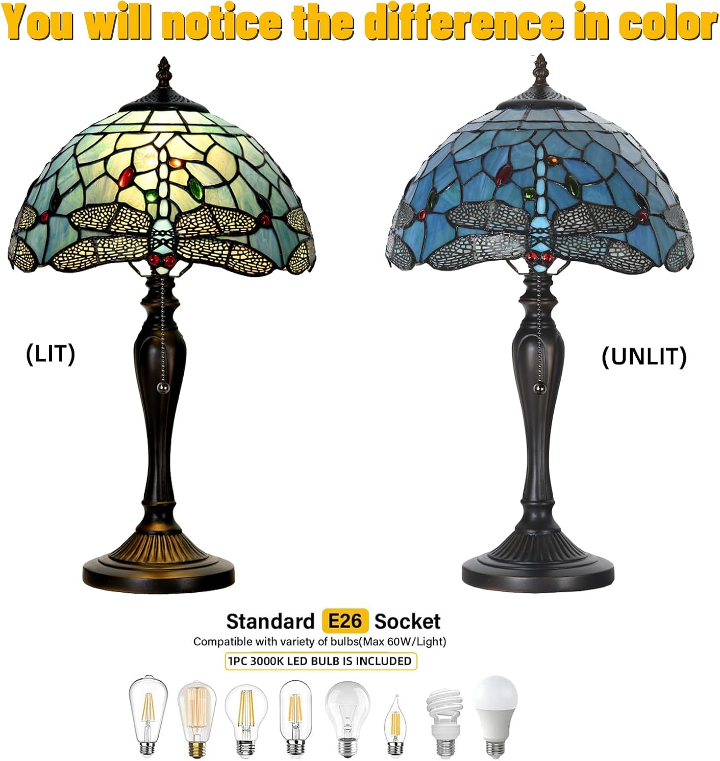 TL0023 Tiffany Style Dragonfly Table Lamp Stained Glass Blue Shade Reading Desk Light 12 X 20 Inches for Bedroom Living Room Home Office, Vintage Handcrafted Accent Décor, LED Blub Included