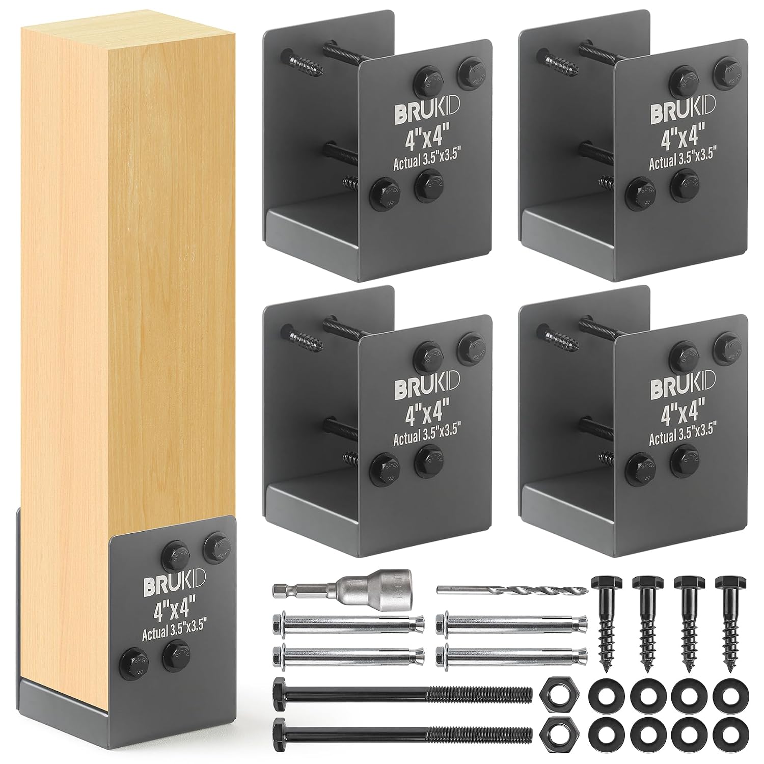 Stainless Steel 4 x 4 (Actual: 3.5' x 3.5') Deck Post Base, Post Anchor Bracket, Concrete Support Anchor Base for Deck Railing, Fences, Mailboxes (4pack- Dark Gray)