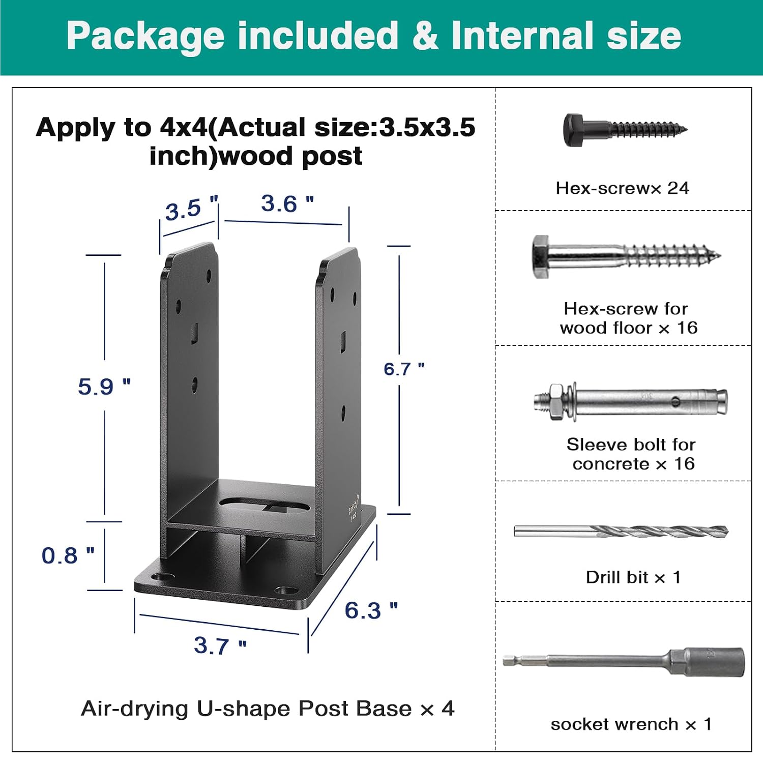 4x4 Post Base, Heavy-Duty Stainless Stee Powder-Coated Fence Post Anchor Base with Air Flow Channel for Decks, Fences, Mailboxes, Gazebos, 4PCS
