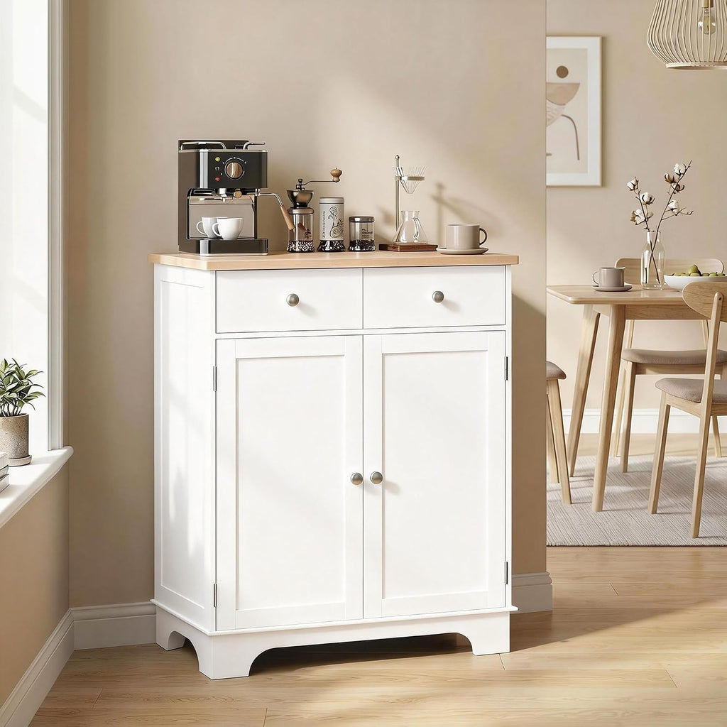 HOMCOM Sideboard Buffet Cabinet with Solid Wood Countertop, Modern Kitchen Storage Cabinet, Coffee Bar Cabinet with 2 Drawers, Doors and Adjustable Shelf, White