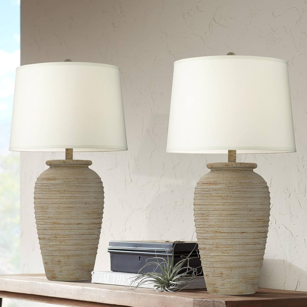 John Timberland Austin 28' Tall Jug Southwest Farmhouse Rustic Modern Table Lamps Set of 2 Sand Toned Ridged Finish Cream Shade Living Room Bedroom Bedside Nightstand House Office Home Kitchen