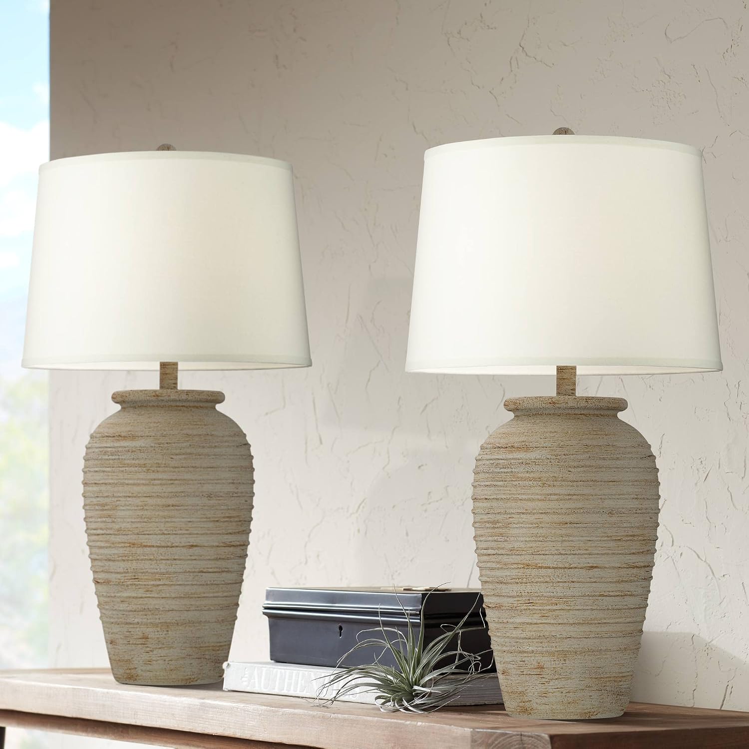 John Timberland Austin 28' Tall Jug Southwest Farmhouse Rustic Modern Table Lamps Set of 2 Sand Toned Ridged Finish Cream Shade Living Room Bedroom Bedside Nightstand House Office Home Kitchen