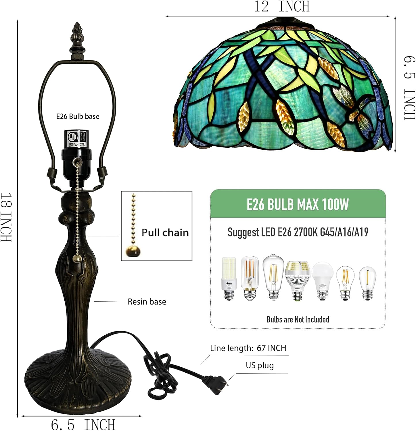 Tiffany Lamp Stained Glass Table Lamp 12' x 19' Wheat Ear Dragonfly Style Decorative Lamp Bedside Reading Lamp for Desk Living Room Bedroom Office Study Light Home Decor Gift