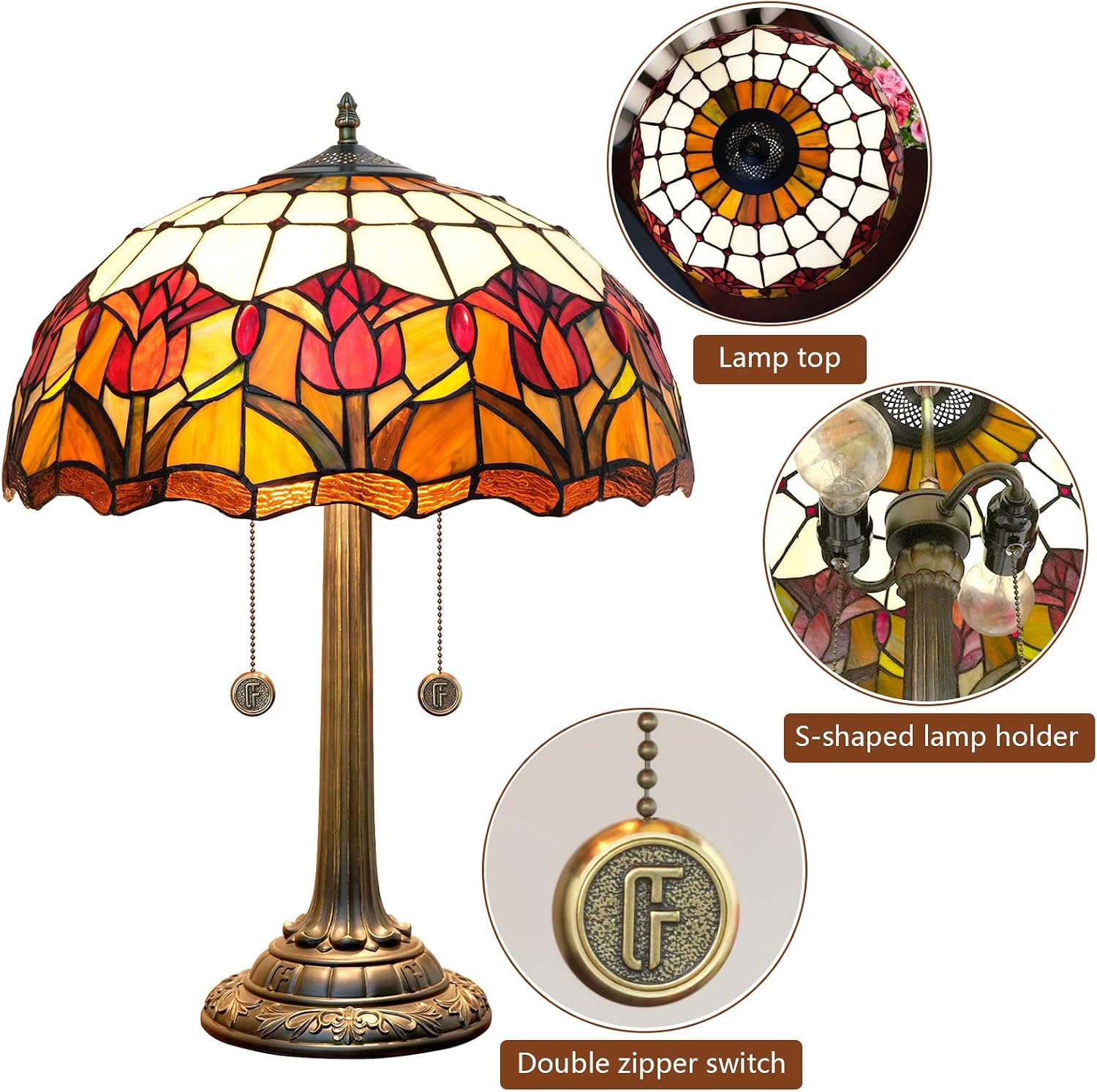 Red Tulip Tiffany Table Lamps for Bedside Bedroom Tiffany Style Stained Glass Nightstand Lamp 16X16X23 INCH Home Office Bedroom Decor Light
