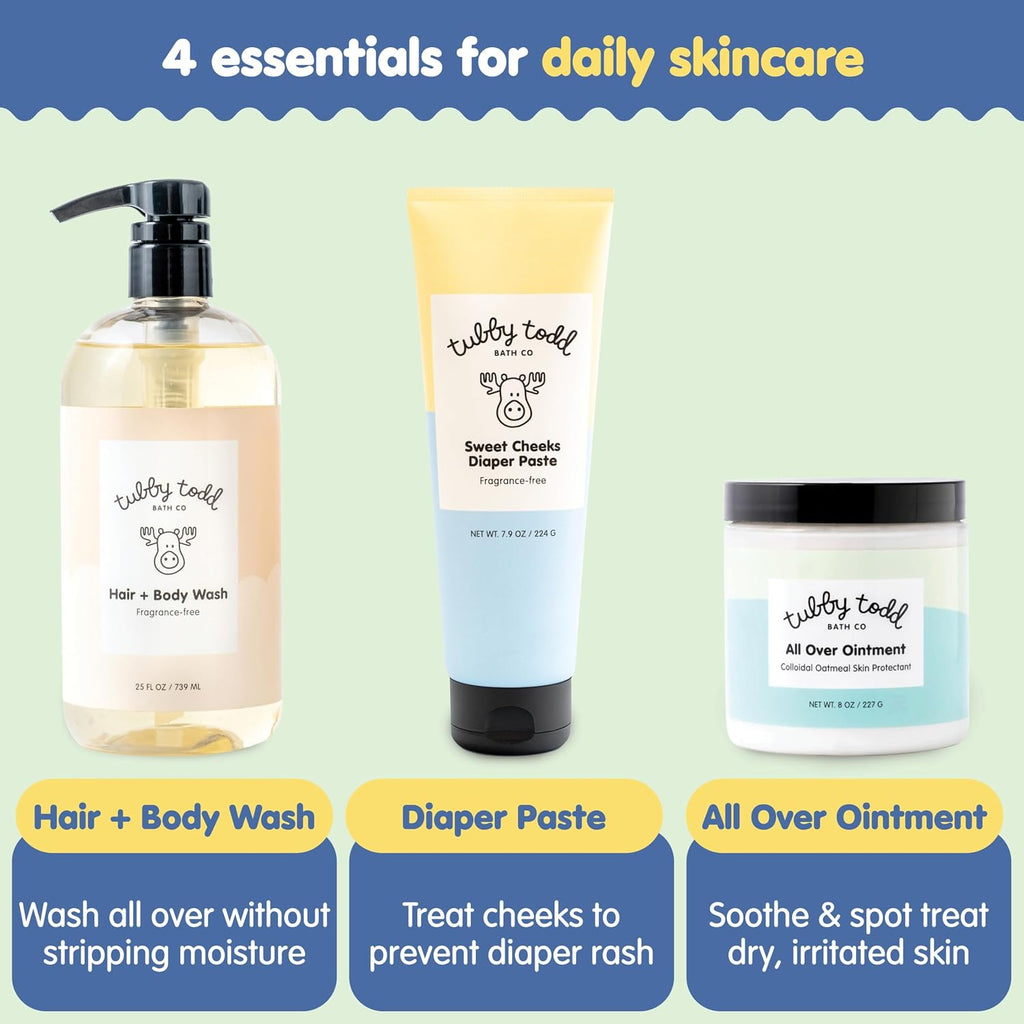 Tubby Todd Baby Bundle Newborn Skin Care Set | Hypoallergenic Hair + Body Wash, All Over Ointment Sweet Cheeks Diaper Paste, Full Size, Fragrance Free