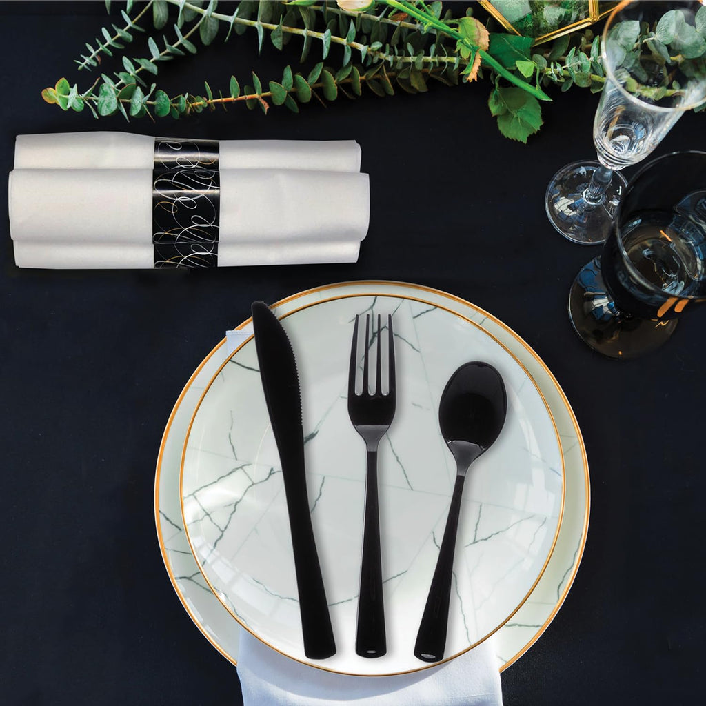 Party Essentials - N501732 Extra Heavy Duty Cutlery Kit with Black Fork/Knife/Spoon and 3-Ply White Napkin (Case of 300 rolls)