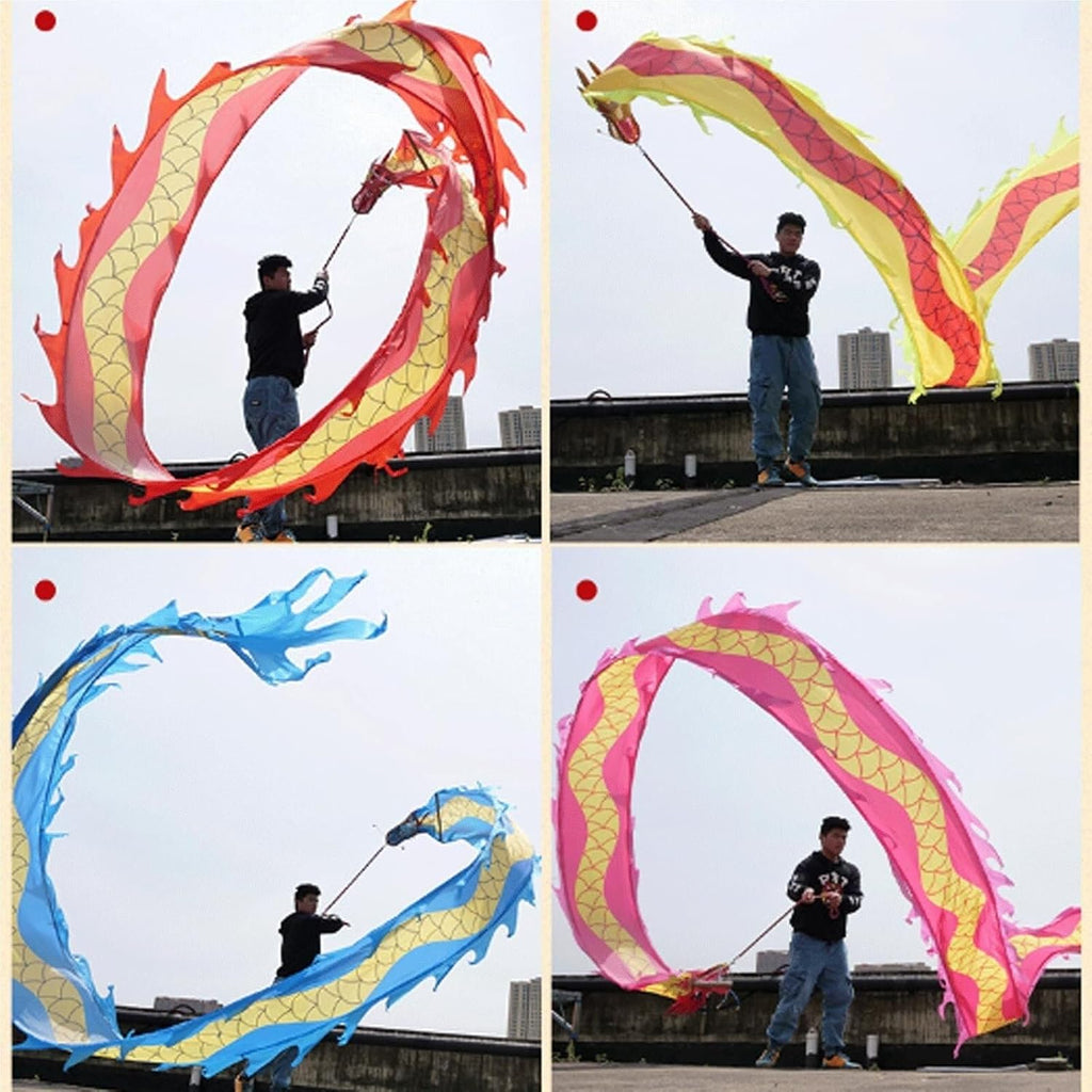 Chinese Dragon Costume Dragon Ribbon Juggling Play Dragon Dance Streamer Dragon Head with Rope Exercise Lion Dance Costume(Pink)