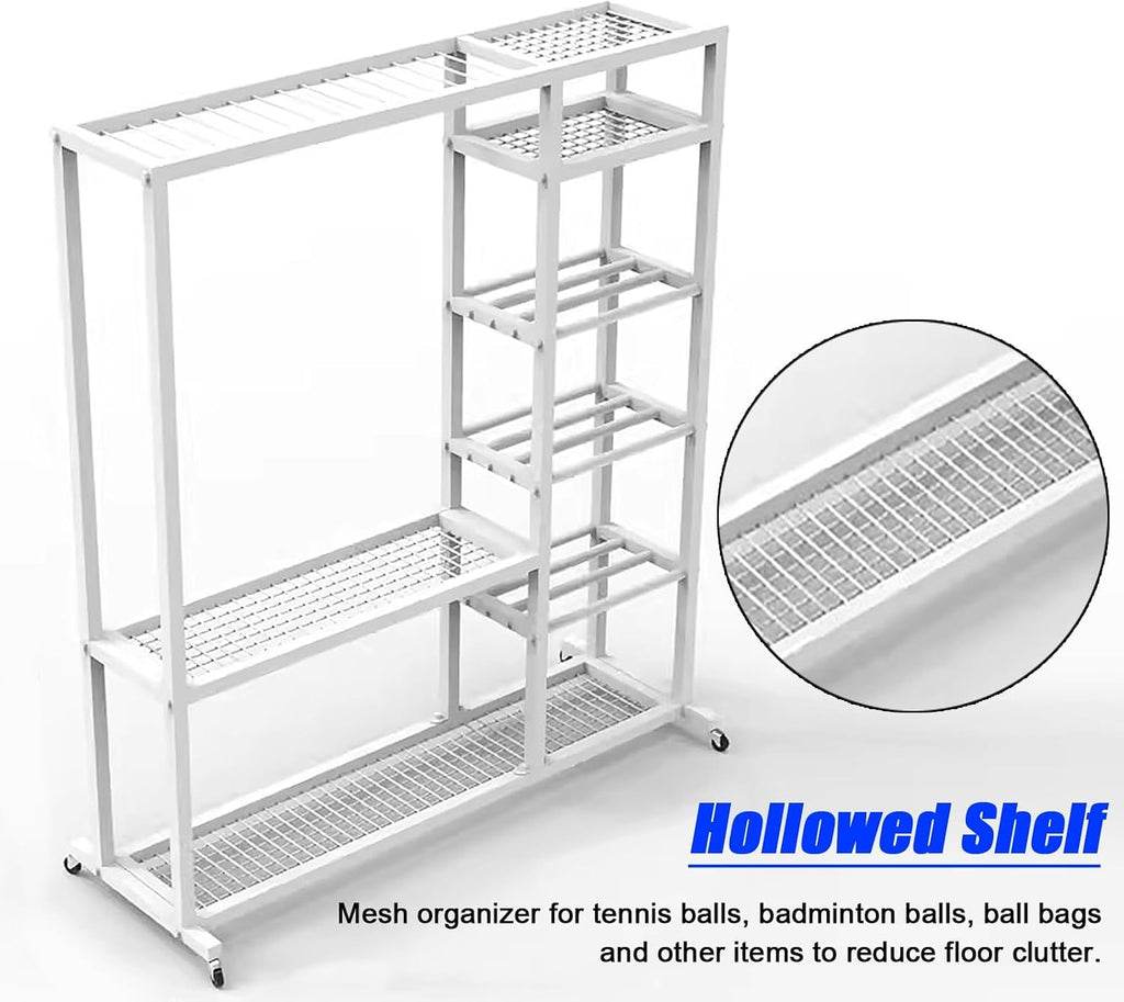 LZMZMQ Tennis Racquet Storage Rack White Metal, Portable Rolling Badminton Racket Display Cart, Comemrcial Table Tennis Racket Organizer Holder, Can Hold 16pcs Rackets