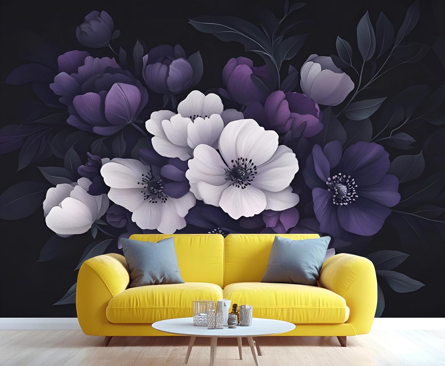 Purple Flowers Wall Mural, European Floral Mural Wallpaper, Retro Flowers Wallpaper Mural, for Bedroom Office Living Room Wall Artwork Decor (Not Peel n' Stick)
