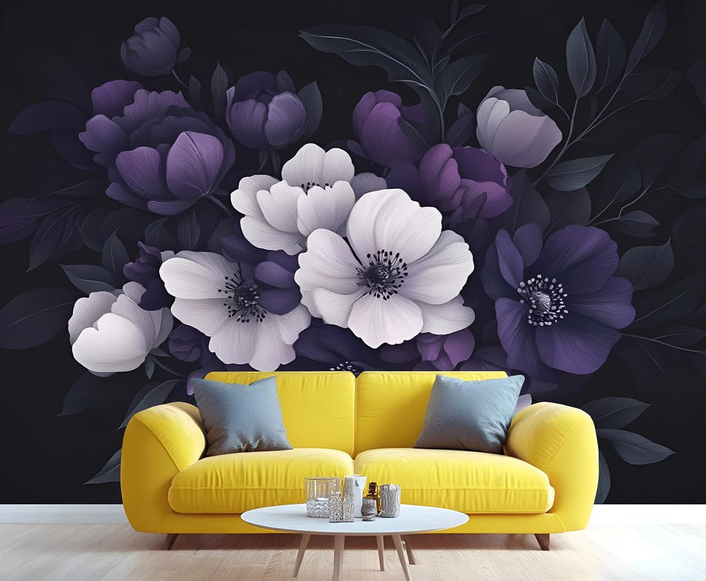 Purple Flowers Wall Mural, European Floral Mural Wallpaper, Retro Flowers Wallpaper Mural, for Bedroom Office Living Room Wall Artwork Decor (Not Peel n' Stick)
