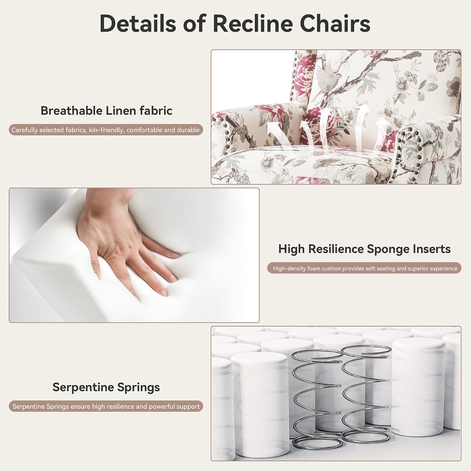 Pushback Recliner Chair, Floral Fabric Wingback Recliner Chair, Upholstered Rivet Trim Armchair Push Back Recliner Accent Chair for Living Room Small Spaces, Plants Floral