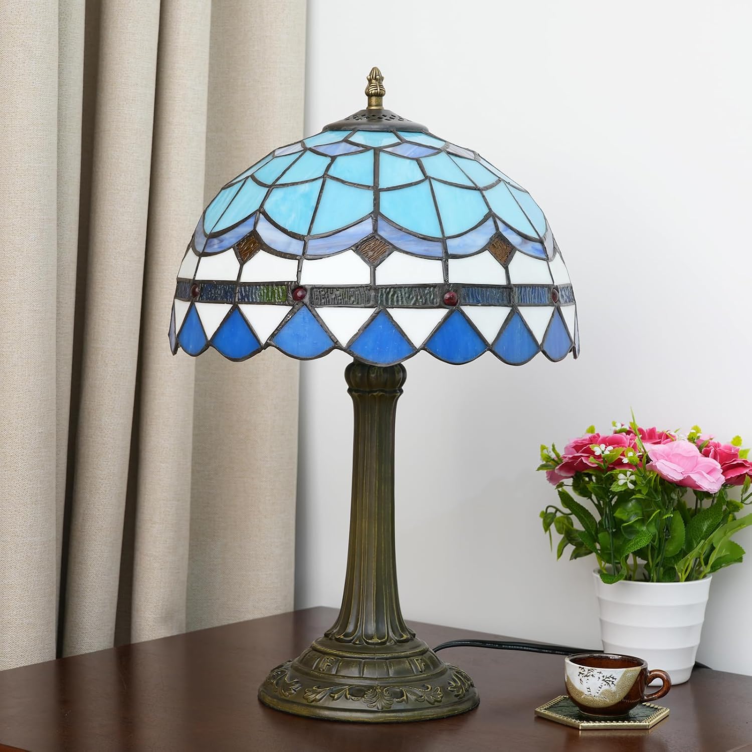 Tiffany Table Lamp Stained Glass Lamp Mediterranean Blue Bedroom Table lamp Reading Desk Light for Bedside Living Room Office Dormitory Dining Room Decorate Housewarming Gift 12X12X18 inches