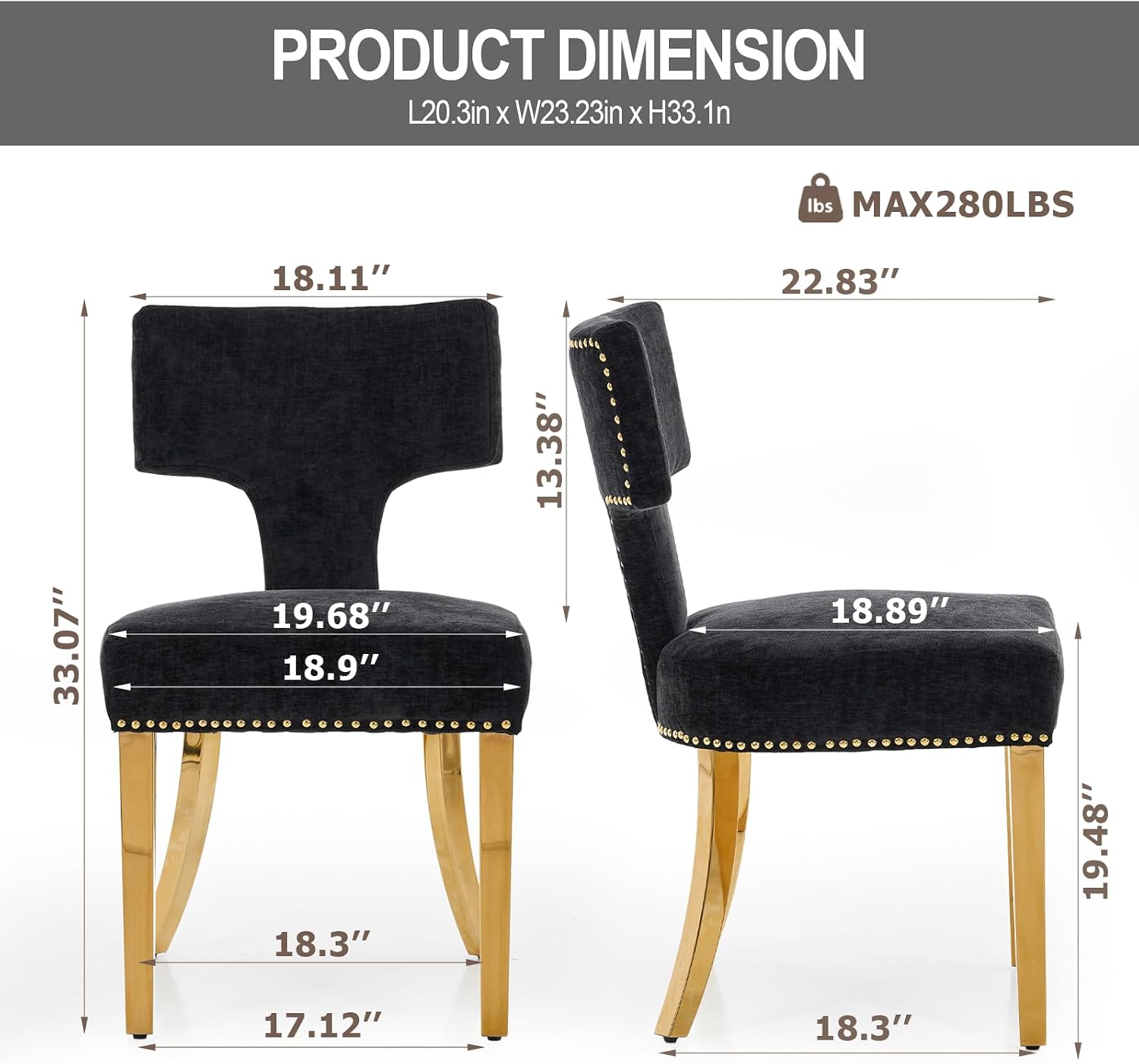 Dining Chair Set of 2 Linen Fabric Curved Backrest Farmhouse Mid Century Accent Upholstered Kitchen Chairs with Gold Legs and Foot Pad for Dining Room/Living Room/Restaurant,Black