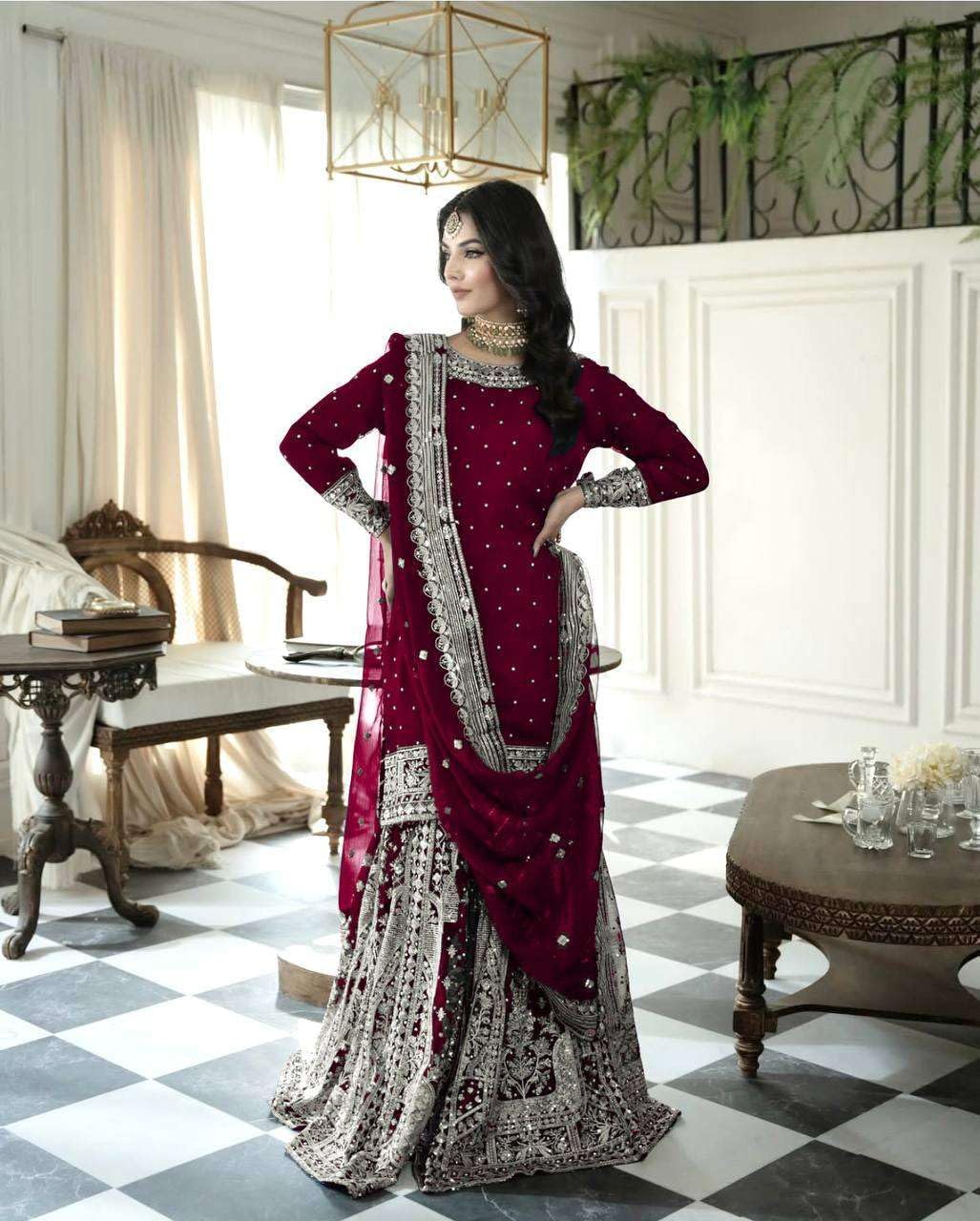 Women's Faux Georgette Embroidered Straight Kurta with Sharara & Dupatta Set with Rivet Moti Work