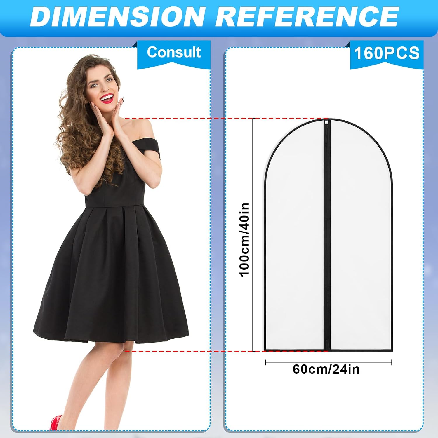 Sintuff 160 Pcs 24'' x 40'' Translucent Garment Bags for Hanging Clothes Cover with Black Full Zipper Hanging Travel Garment Cover Bags for Suits, Coats Storage