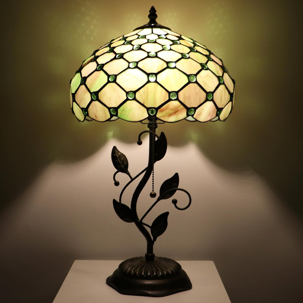 Tiffany Lamp Amber Green Pearl Style Stained Glass Table Lamp Desk Bedside Reading Light 12X12X19 Inches with Metal Leaf Base