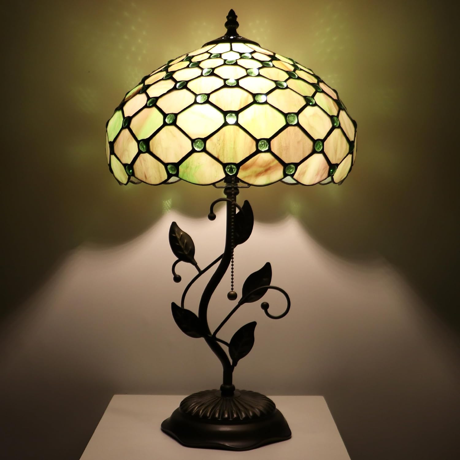 Tiffany Lamp Amber Green Pearl Style Stained Glass Table Lamp Desk Bedside Reading Light 12X12X19 Inches with Metal Leaf Base