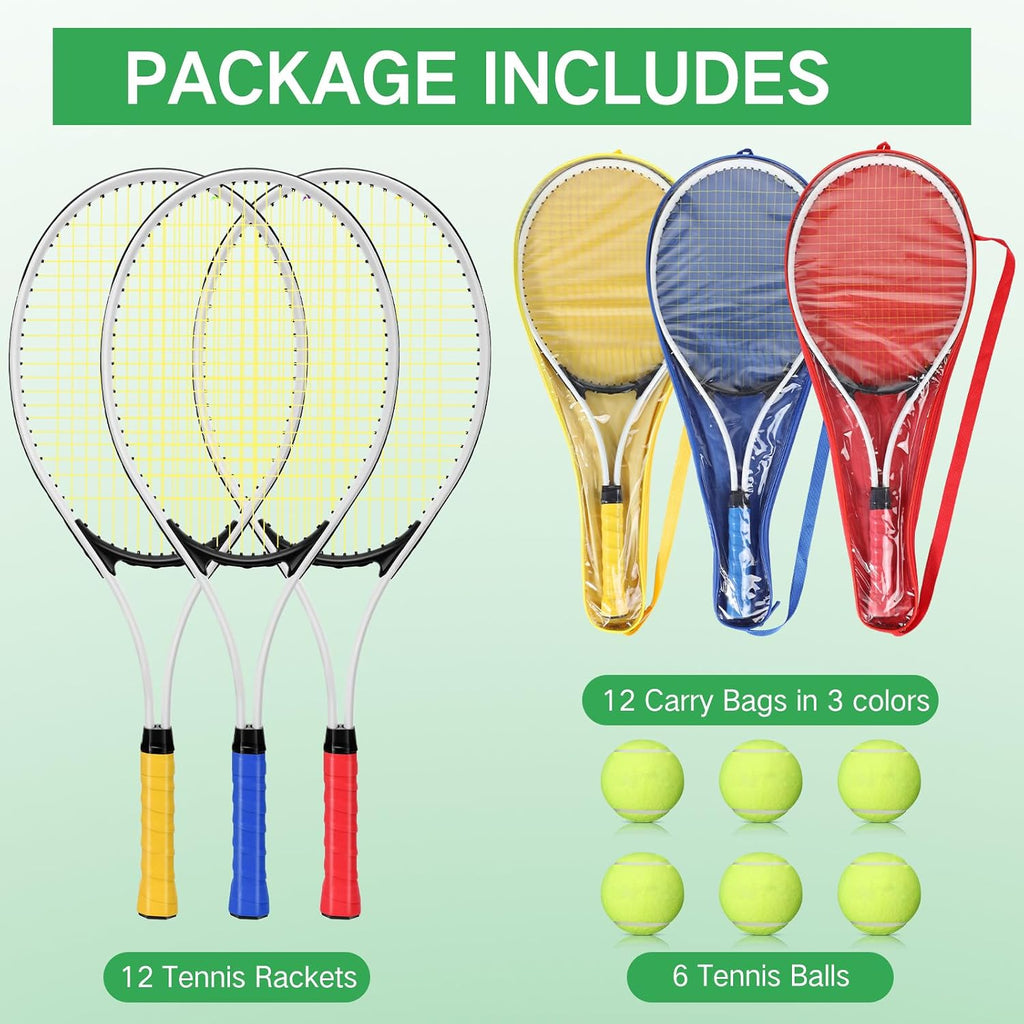 12 Pcs Tennis Rackets for Adult Recreational 12 Players 27'' Tennis Racket Set with 6 Balls Lightweight Tennis Rackets Bulk for Women Men Tennis Training and Beginner with Overgrip and Bag