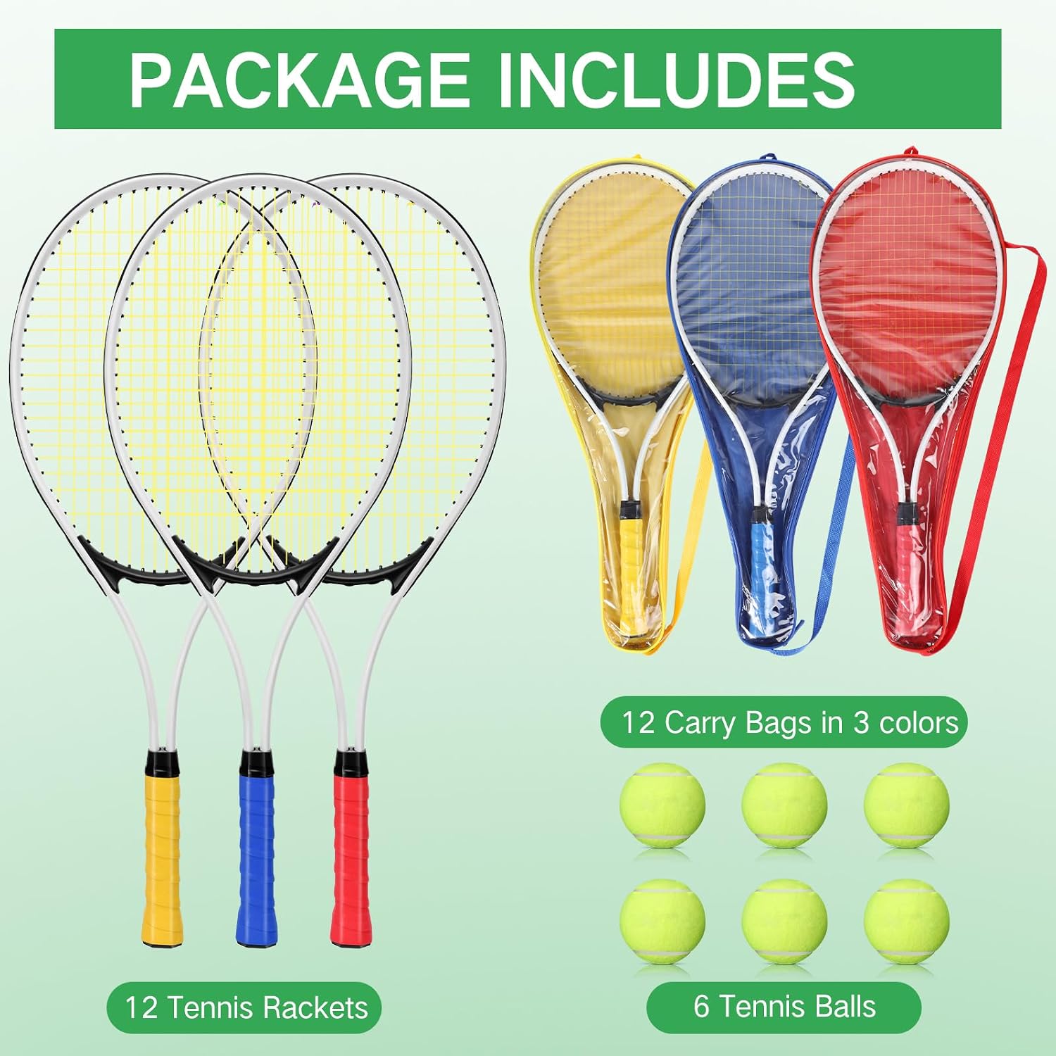 12 Pcs Tennis Rackets for Adult Recreational 12 Players 27'' Tennis Racket Set with 6 Balls Lightweight Tennis Rackets Bulk for Women Men Tennis Training and Beginner with Overgrip and Bag