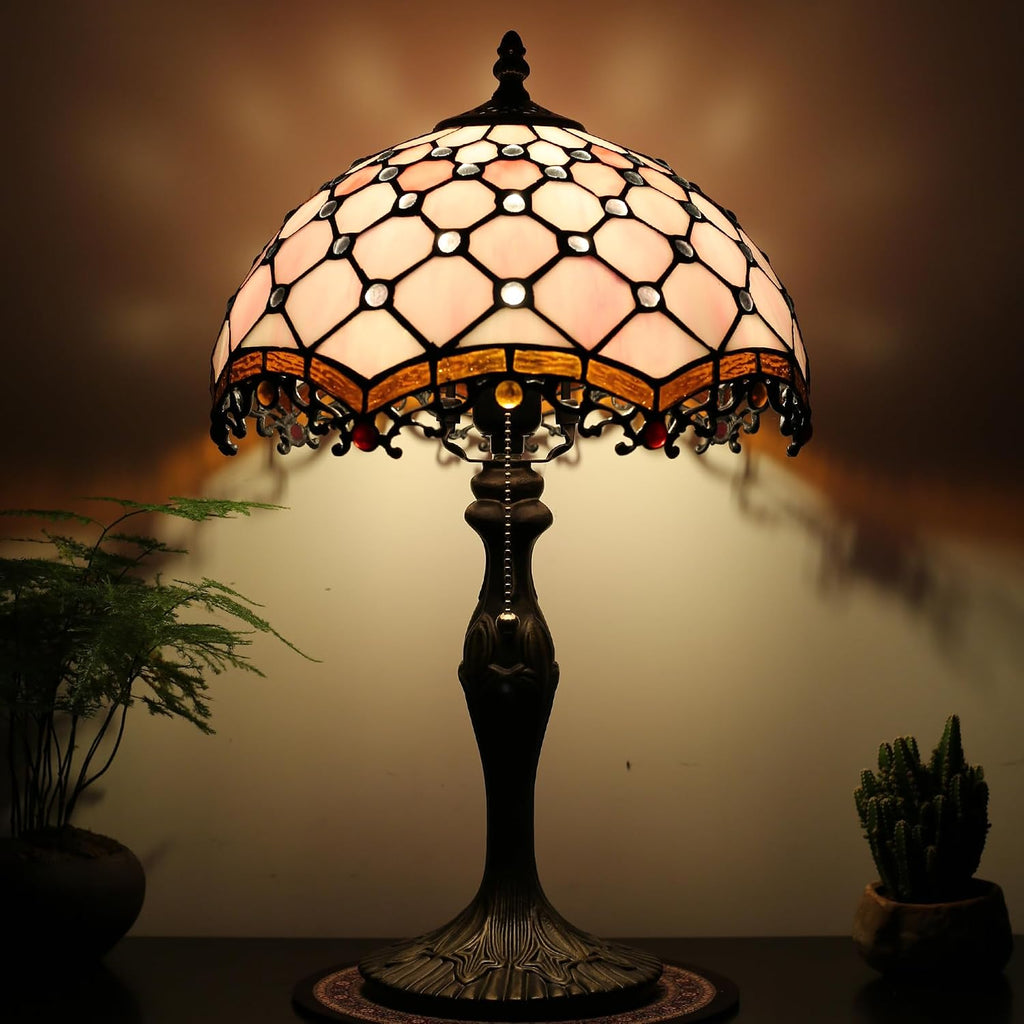 Tiffany Lamp Stained Glass Table Lamp 12 x 19' Pink Beads Style Bedside Reading Lamp Decorative Light for Desk Living Room Bedroom Office Study Light Home Decor Gift