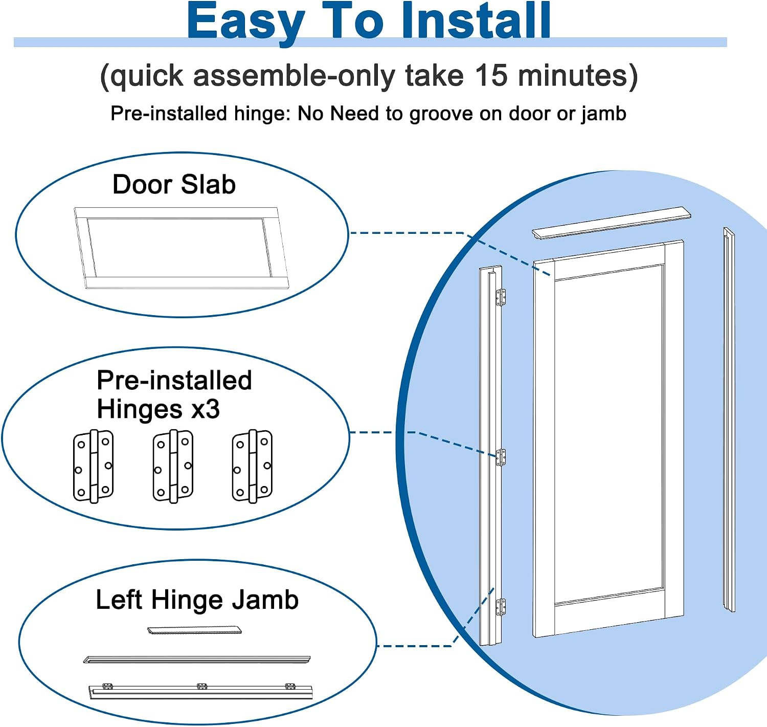 32' x 80' Prehung Door White Primed Panel Slab Doors with Jamb Kit, Solid Core MDF Interior Door for Bathroom Pantry Laundry, Easy Assemble - Left Handed