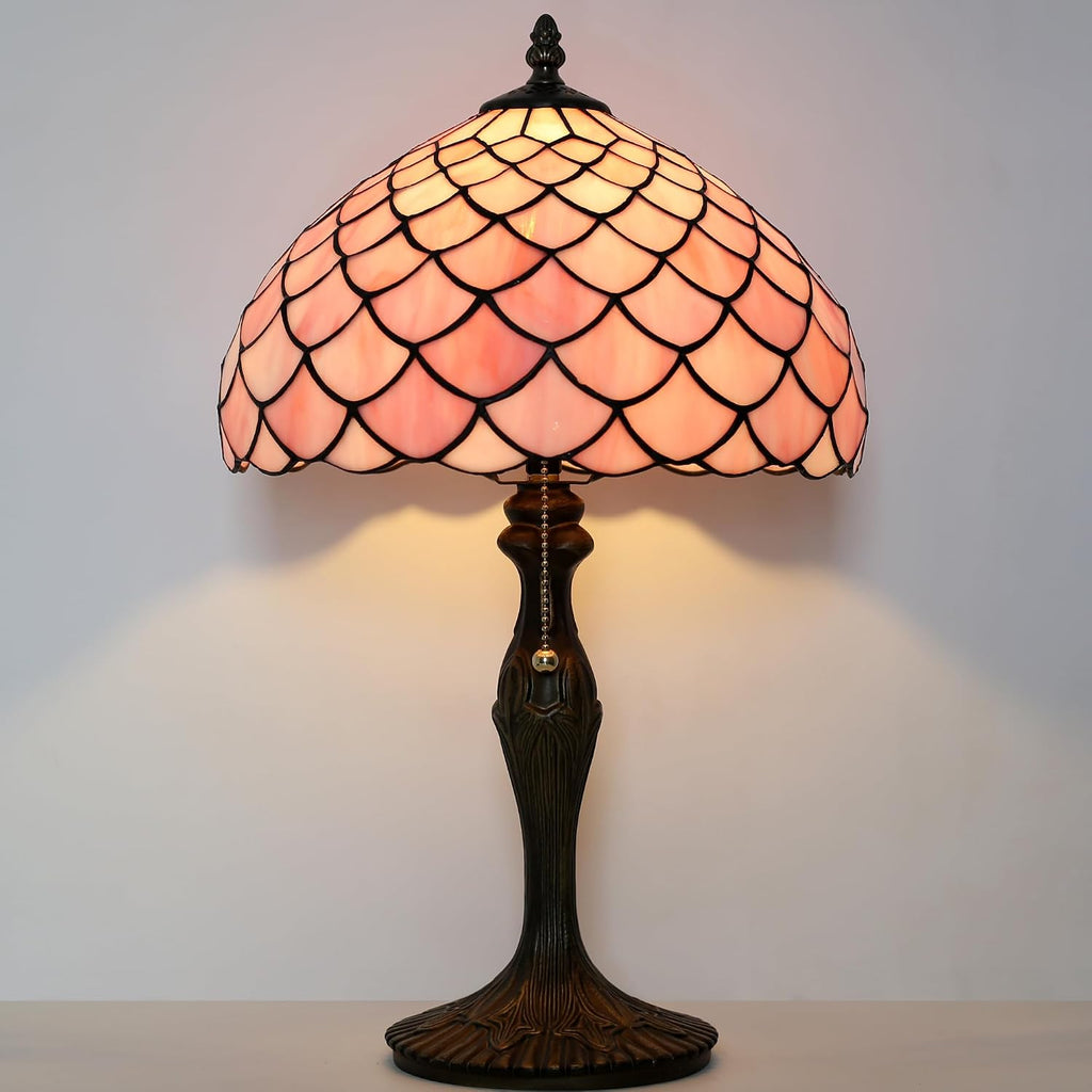 Tiffany Lamp Stained Glass Table Lamp 12' x 19' Pink Fish Scales Style Decorative Lamp Bedside Reading Lamp for Desk Living Room Bedroom Office Study Light Home Decor Gift