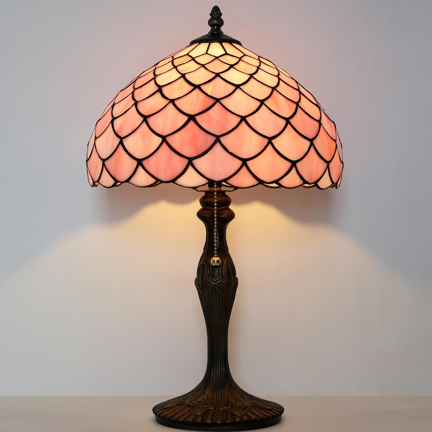 Tiffany Lamp Stained Glass Table Lamp 12' x 19' Pink Fish Scales Style Decorative Lamp Bedside Reading Lamp for Desk Living Room Bedroom Office Study Light Home Decor Gift